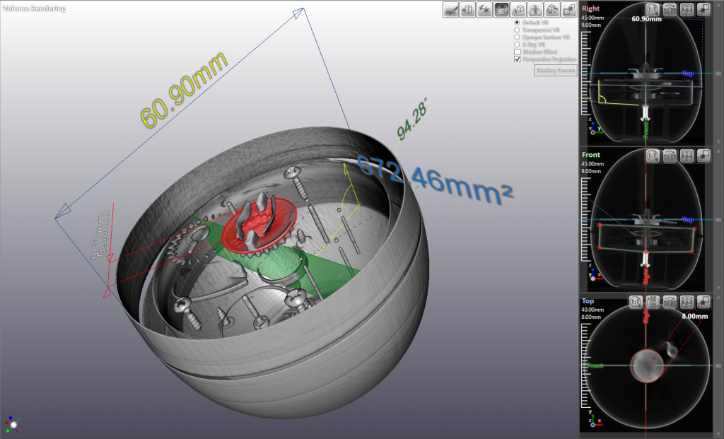 VX3D interface measuring distance, angle, and area on an industrial CT volume