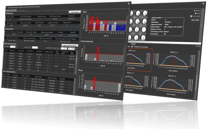 Inspection report interface with BGA measurements, graphs, pore data, and section profiles