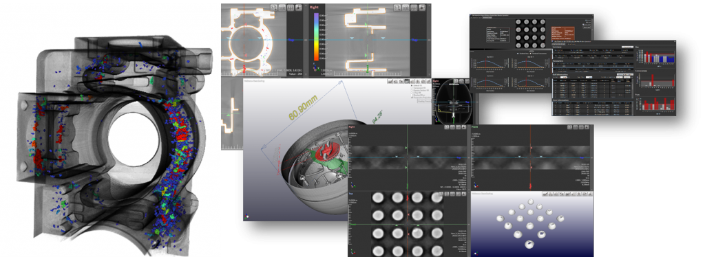 VX3D workflow showing CT volume visualization, measurement, porosity analysis, and reporting