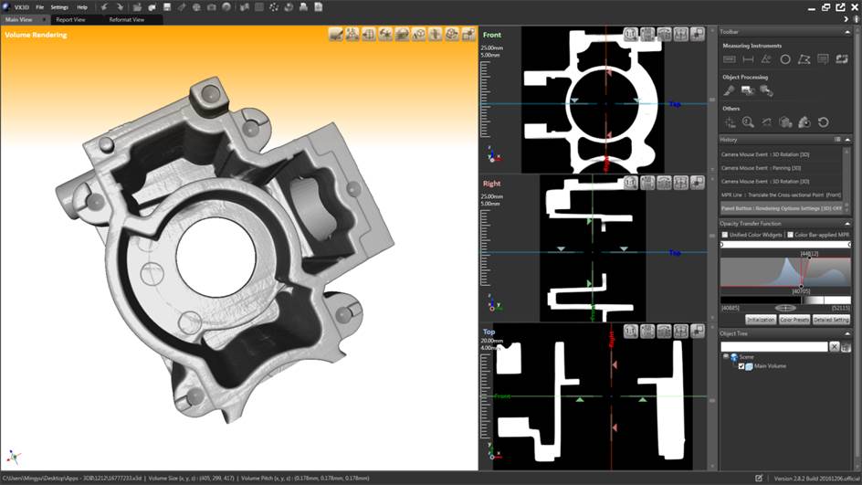 VX3D workspace displaying a rendered industrial component and CT section views