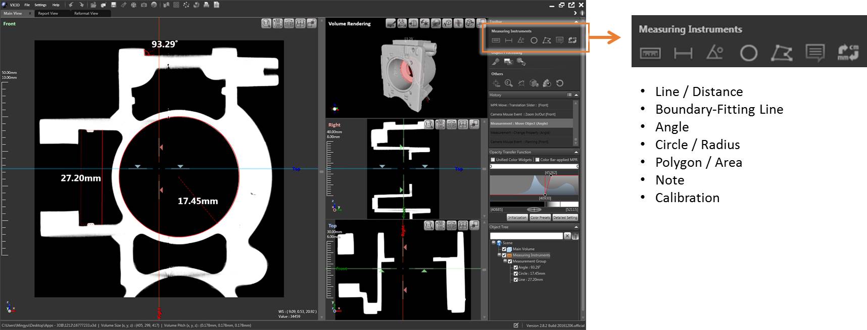 VX3D measurement tools applied to a CT section of an industrial part