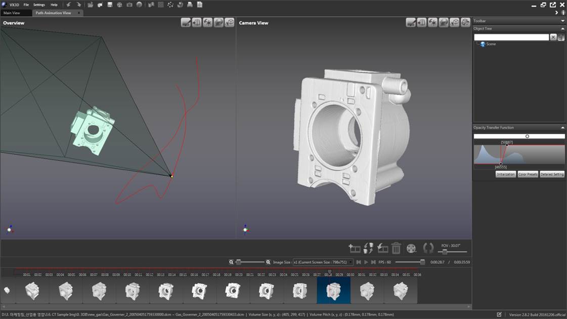 VX3D path animation editor showing a 3D component and camera path