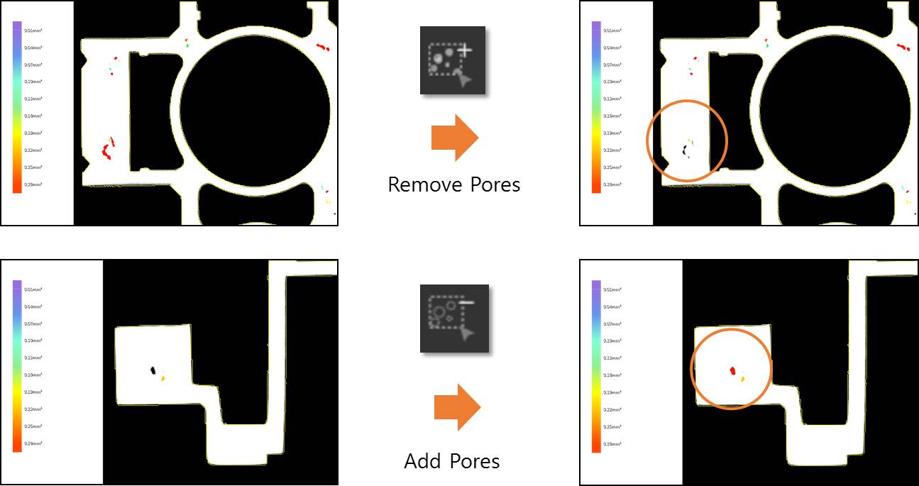 VXPI pore editing example showing pores removed and added on CT sections