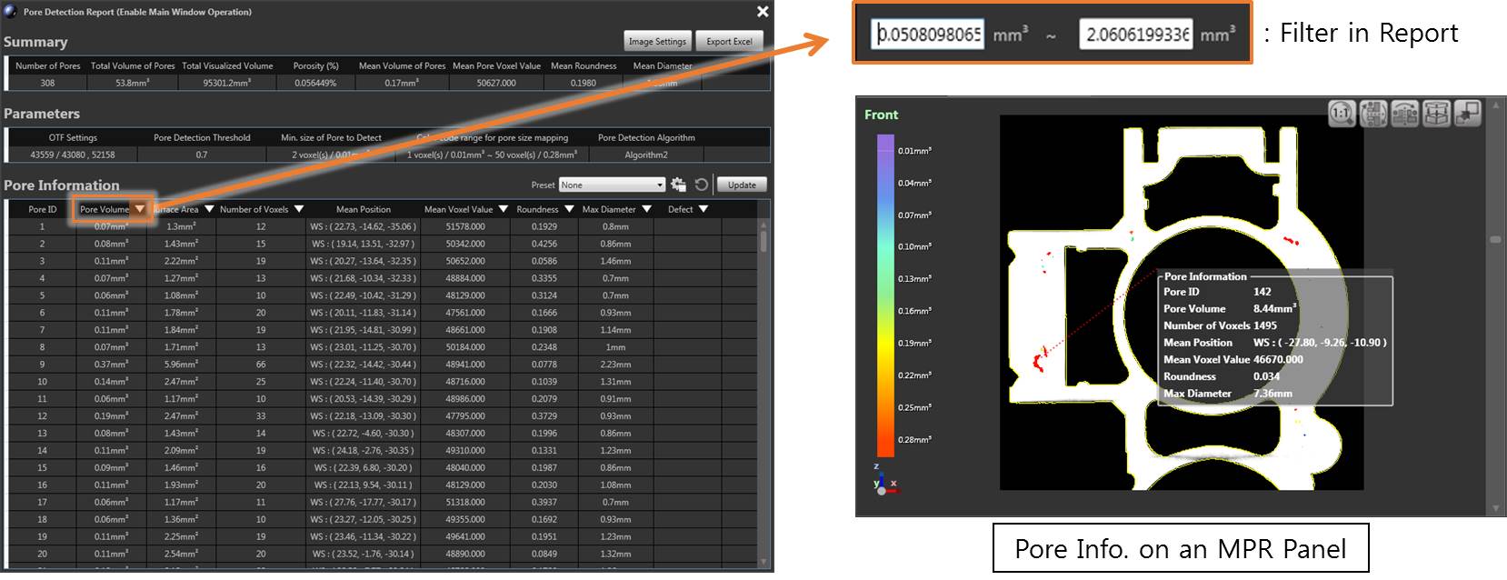VXPI porosity report table connected to a selected pore on an MPR view