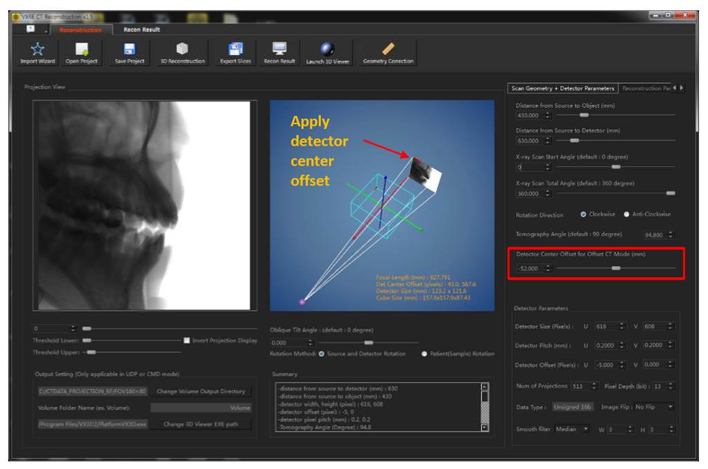 VXRE offset CT setup showing detector center offset
